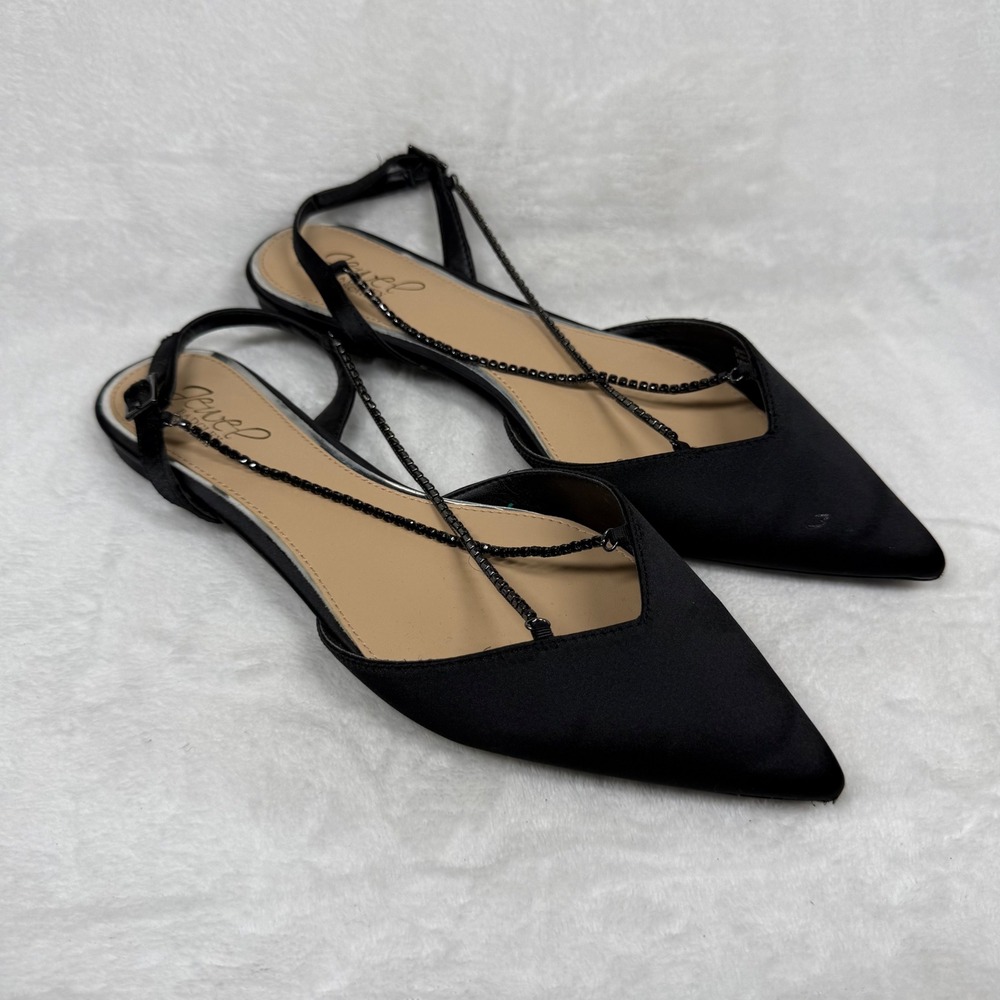 Jewel Badgley Mischka Black Satin Rhinestone Pointed Toe Slingback Flats 8